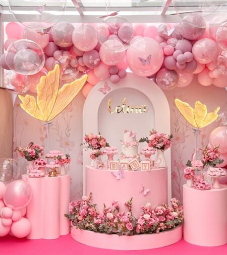 pink butterfly themed decoratoins in pink and gold