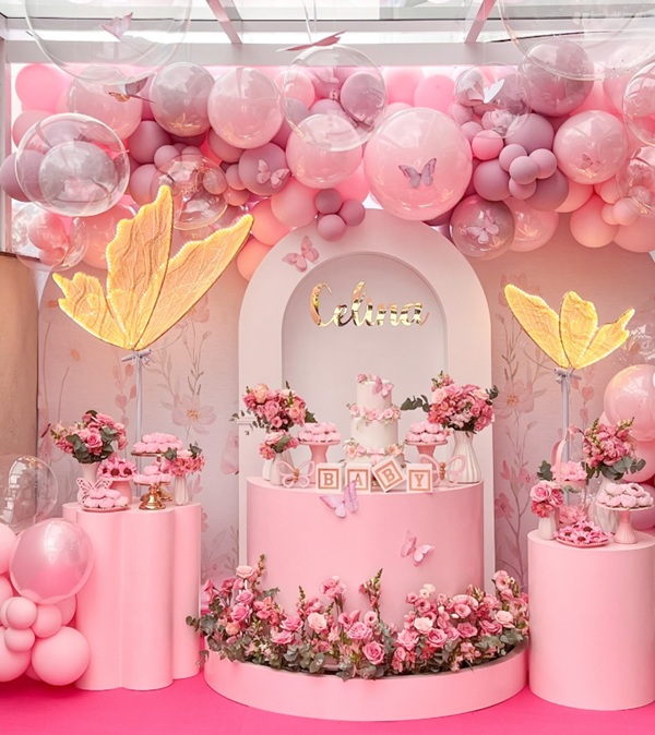 pink butterfly themed decoratoins in pink and gold