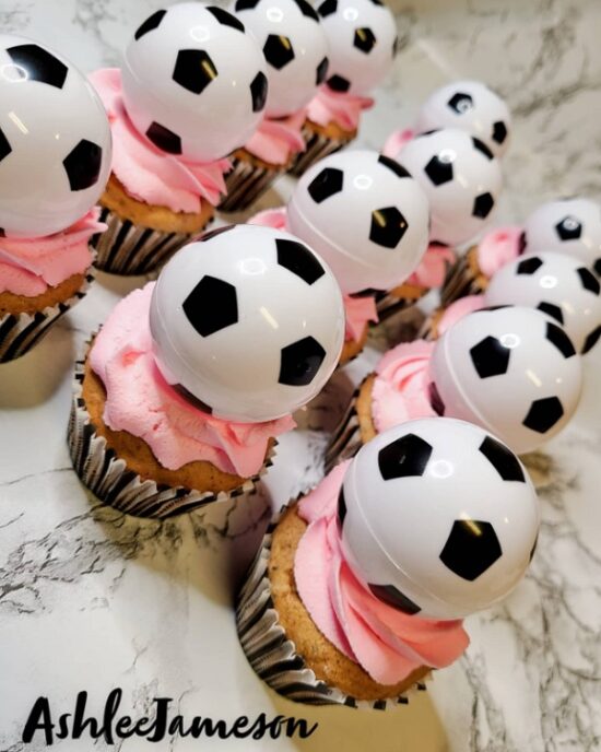girl pink soccer baby shower cupcakes