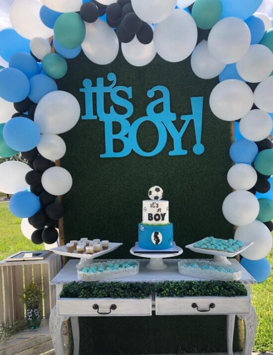 its a boy soccer baby shower dessert table