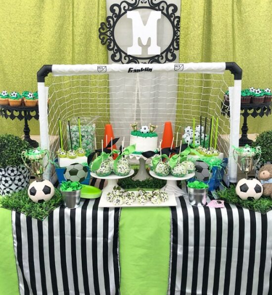soccer goal baby shower dessert table