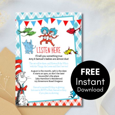Free Editable Invitation thing 1 thing 2 dr seuss twins