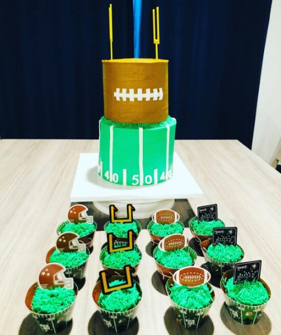 simple football themed cake and cupcakes