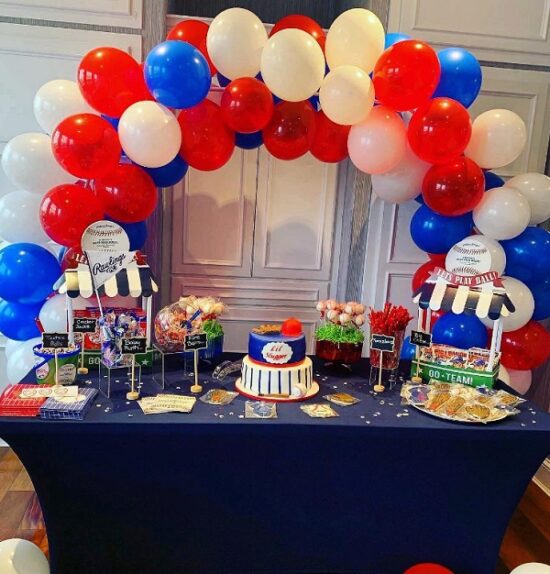 Baseball Baby Shower Balloon Arch and Matching Candy Table