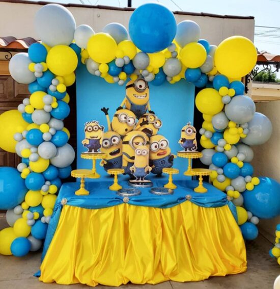 minion baby shower balloon garland and setup