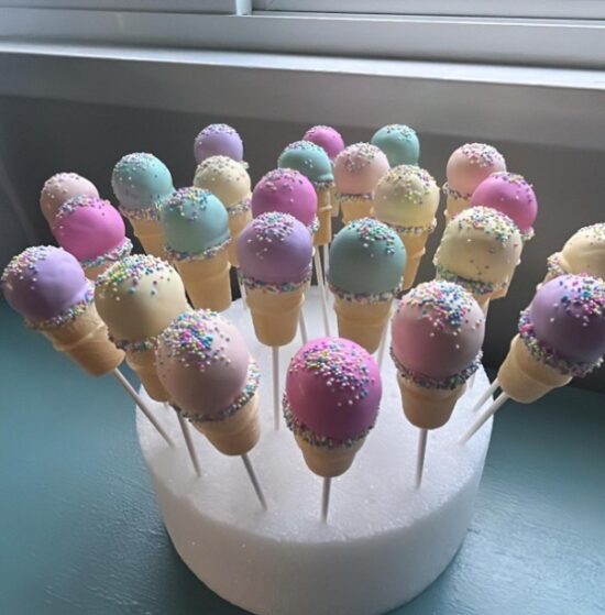 Baby shower ice cream cone cake pops