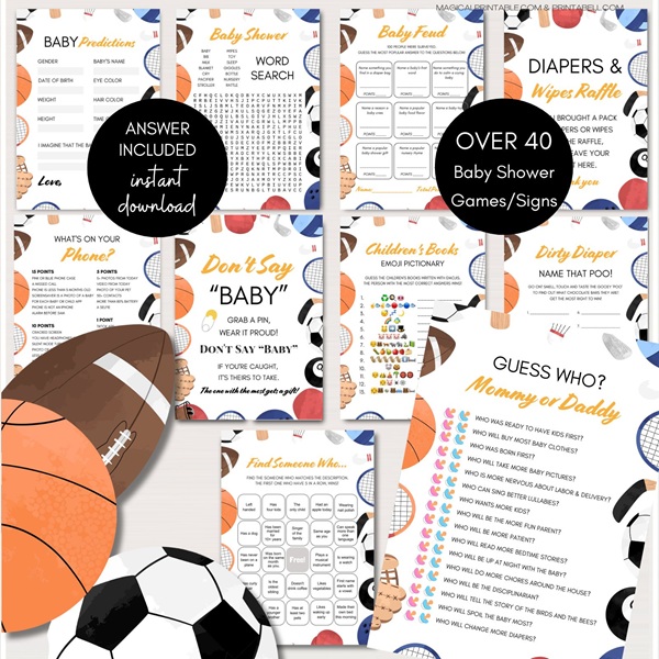 all star sports baby shower games bundle download