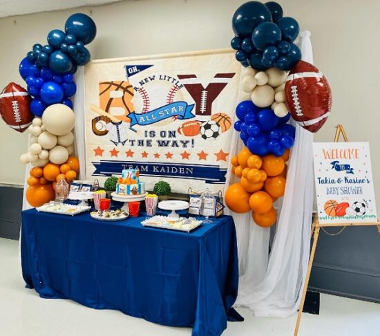 allstar baby shower backdrop signs and balloons