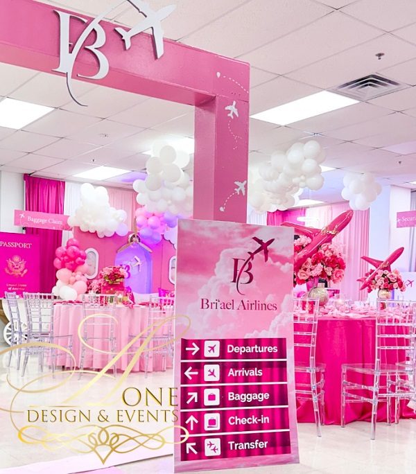 glamourous pink airplane themed baby shower setup
