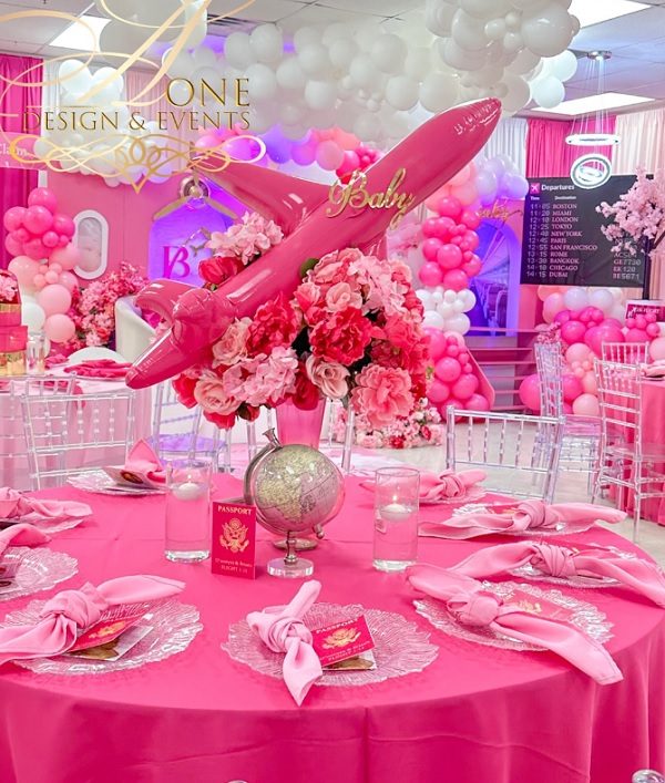 pink airplane baby shower table centerpiece
