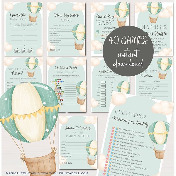 sage green hot air balloon baby shower games