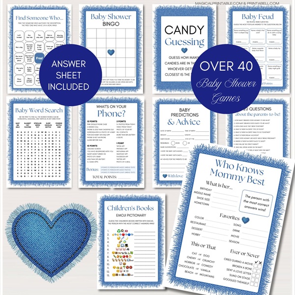 Editable Blue Jean Baby Theme Baby Shower Games Bundle