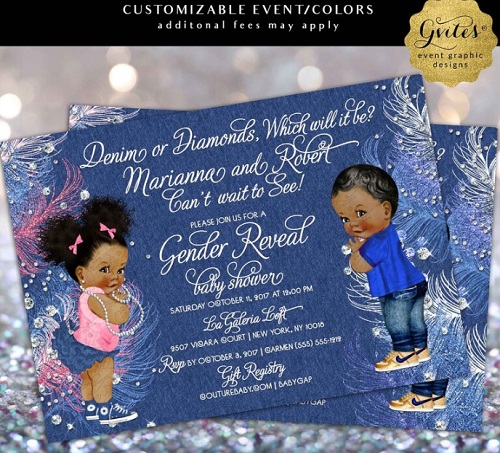 Gender Reveal Baby Shower Invitations African American Denim or Diamonds