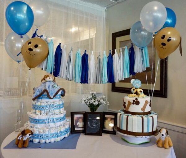 Puppy-theme-baby-shower-for-boy-Puppy-diaper-cake-and-puppy-main-cake-Puppy-balloons