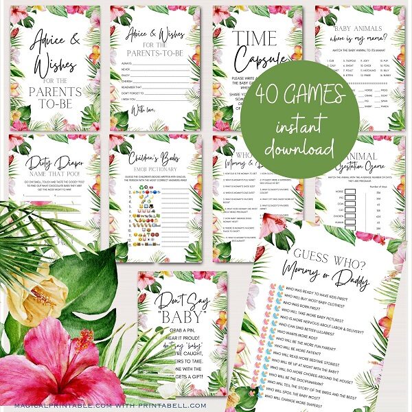 Tropical Luau Baby Shower Games Bundle