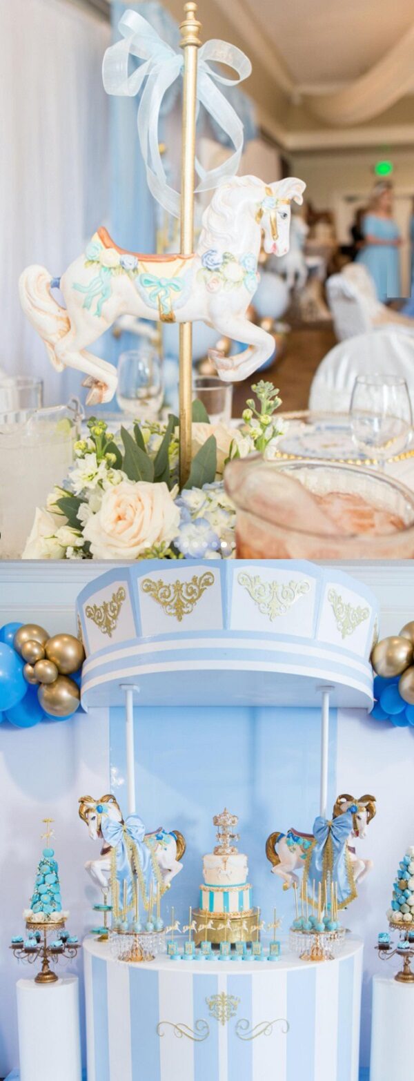 beautiful pastel blue carousel baby shower decorations