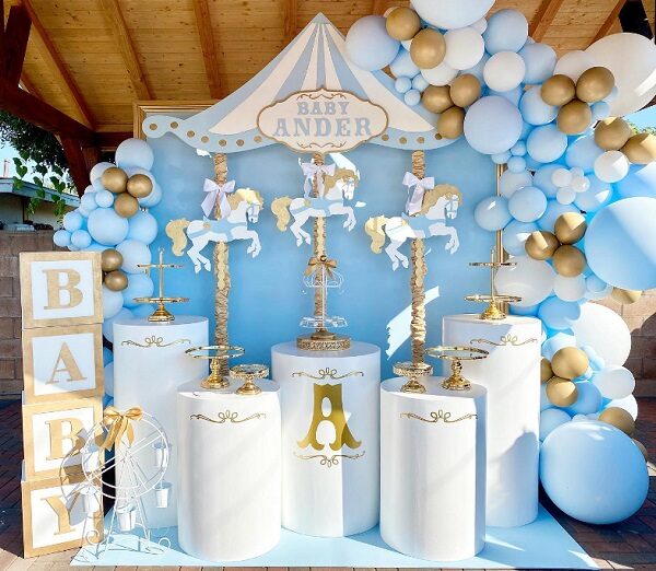 blue and gold carousel hores baby shower decorations