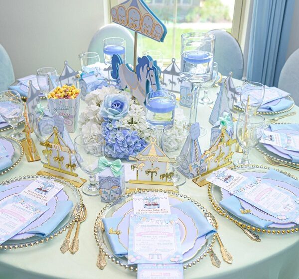 blue carousel party guest table setup
