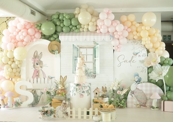dainty peter rabbit baby shower balloons backdrop