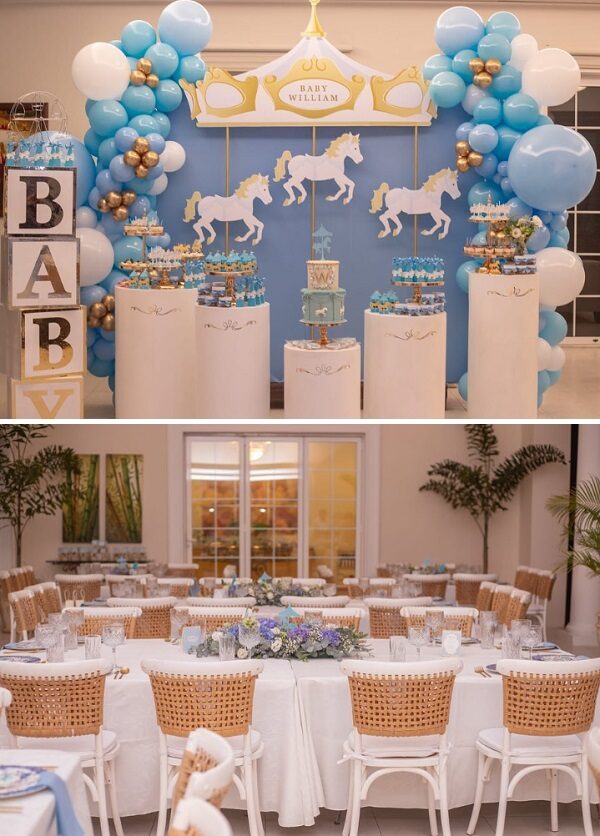 magical blue carousel baby shower backdrop and decors