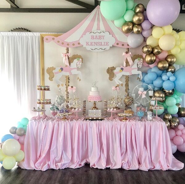 pastel carousel baby shower dessert table