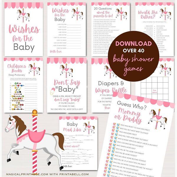 pink carousel baby shower games package