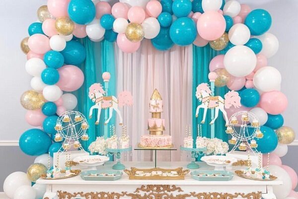 pink teal gold carousel baby shower balloon garland