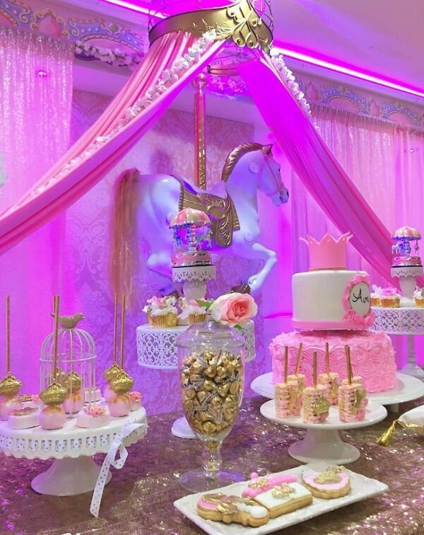 princess carousel baby shower dessert table