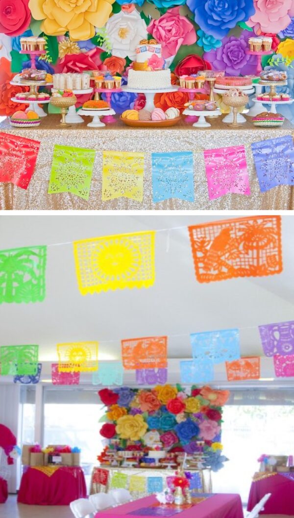 fiesta themed paper flower backdrop dessert table