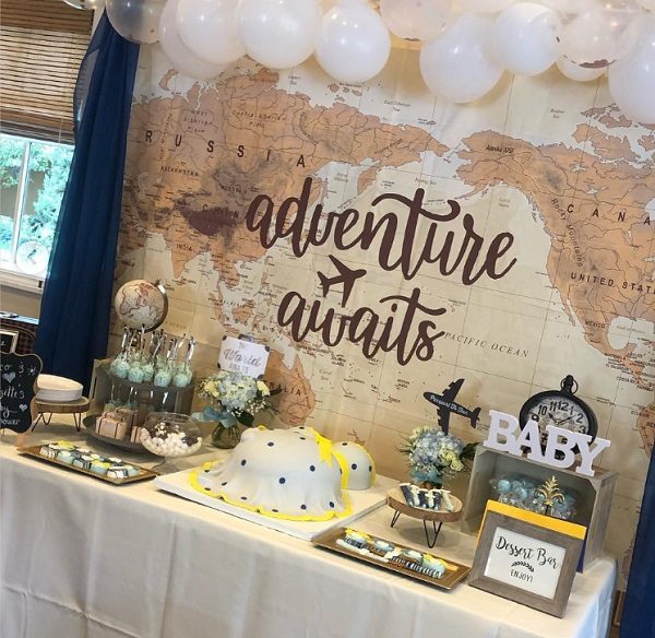 Adventure awaits baby shower world map backdrop