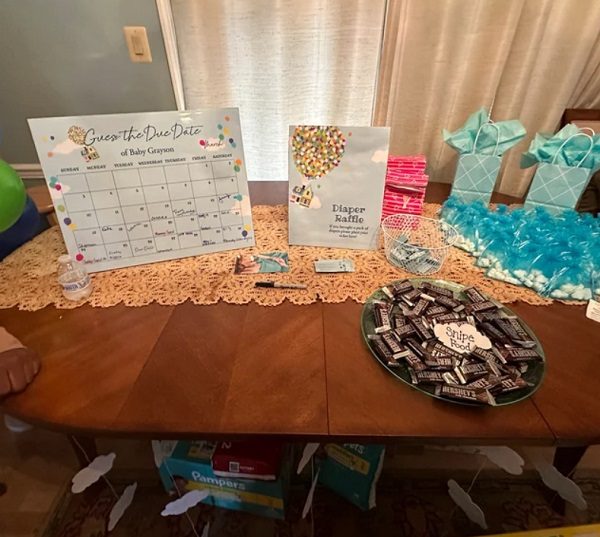 up baby shower guess the due date sign and diaper raffle