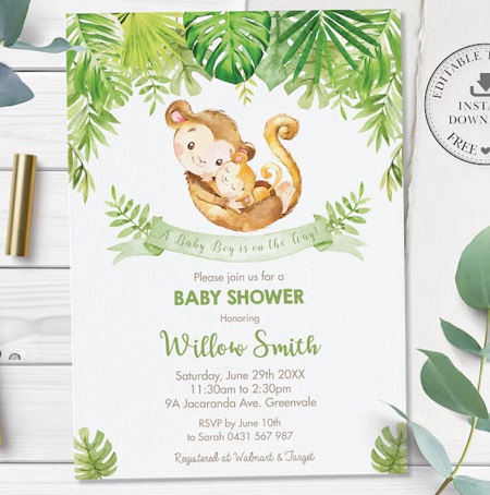 EDITABLE TEMPLATE Monkey Baby Shower Invitation