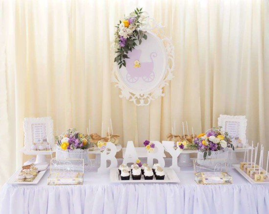 Elegant-Yellow-and-Purple-Carriage-Baby-Shower-Dessert-Table