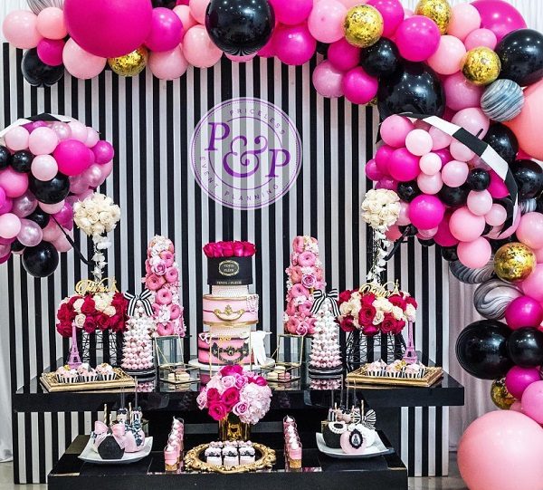 Paris Baby Shower dessert table balloon arch