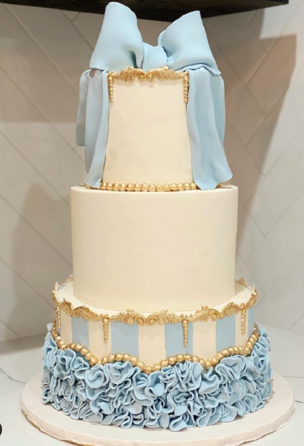 blue bow Parisian inspired baby shower cake