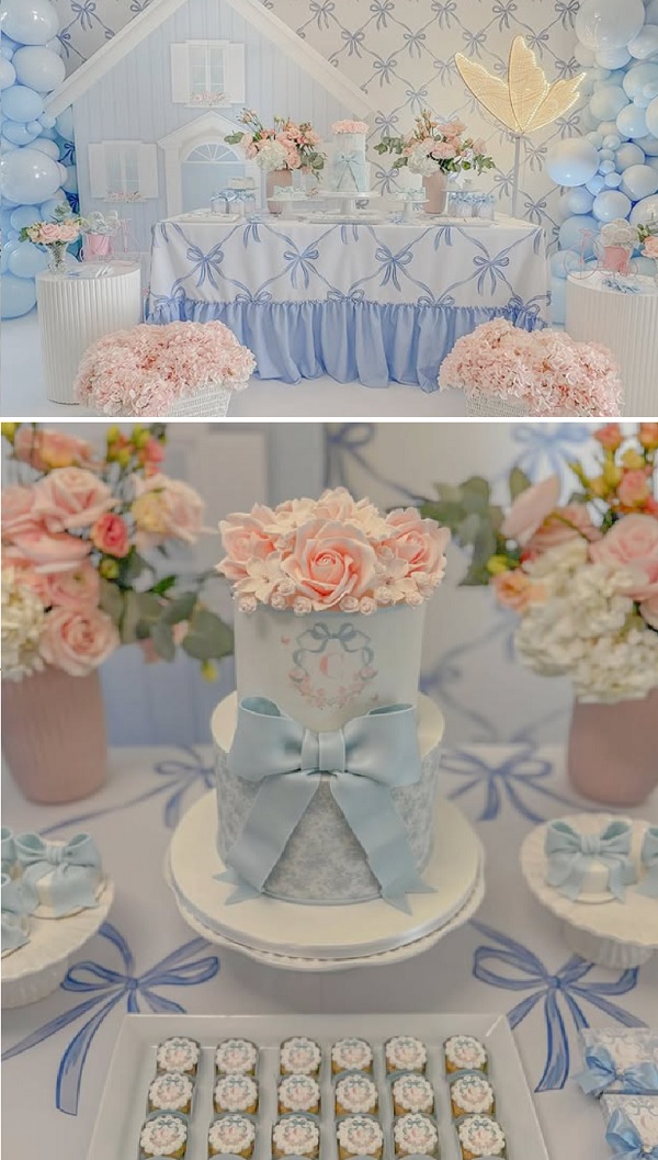 dreamy blue bow background and cake