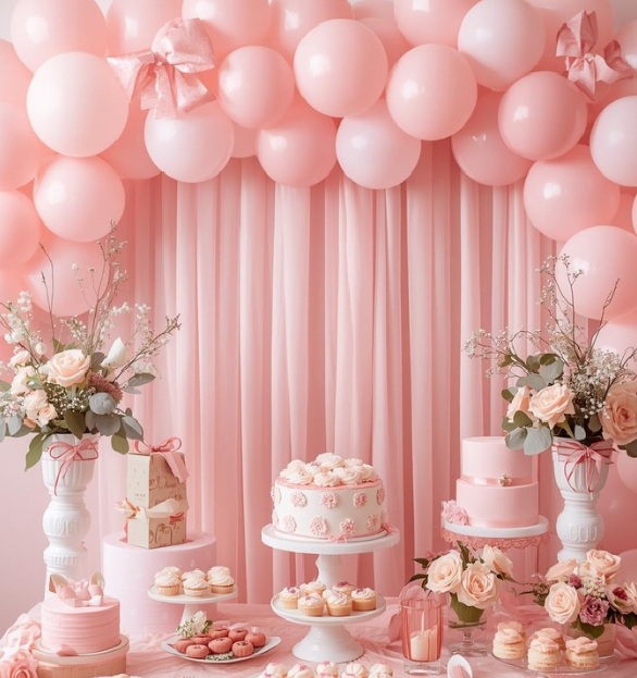 elegant pink coquette baby shower dessert table