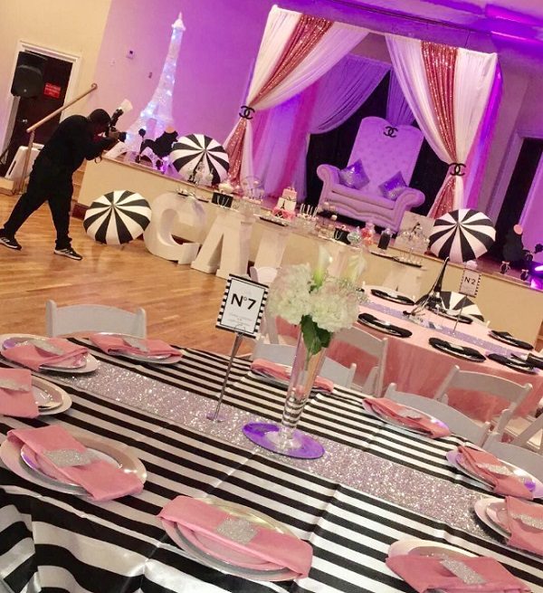 paris chanel themed baby shower table setup