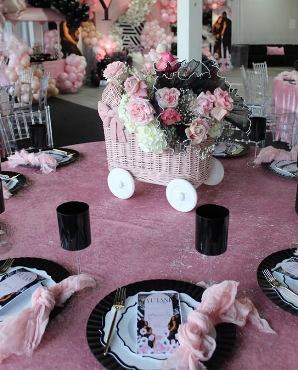 pink and black stylist baby shower decorations