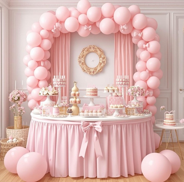 pink coquette balloon arch pink bows table
