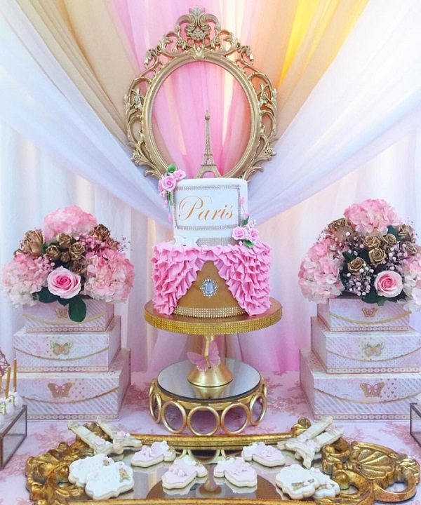 pink eiffel tower theme baby shower cake and decors