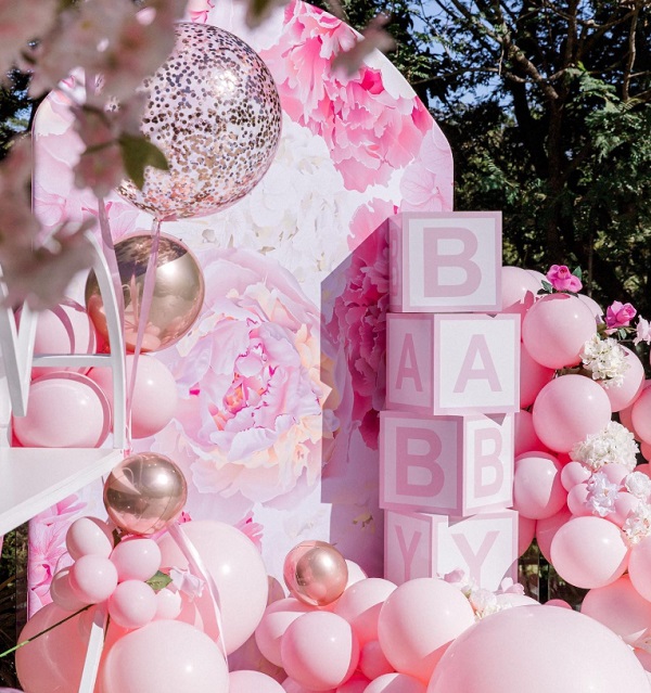 stunning baby girl floral and pink balloons