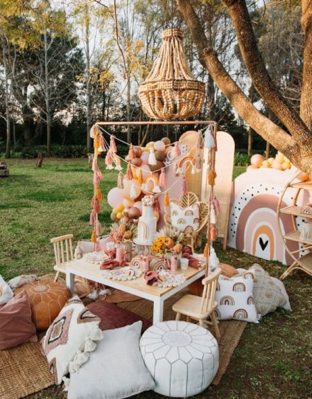 Boho rainbow theme table setting