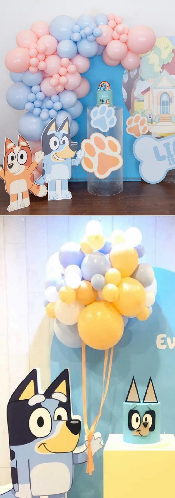 pastel blue and pink bluey themed balloon garland and props
