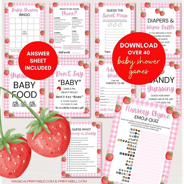 strawberry baby shower game bundle