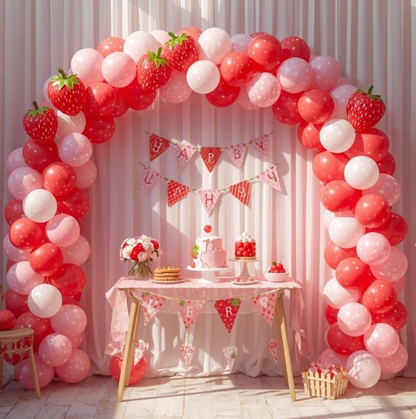 strawberry themed baby shower balloon garland