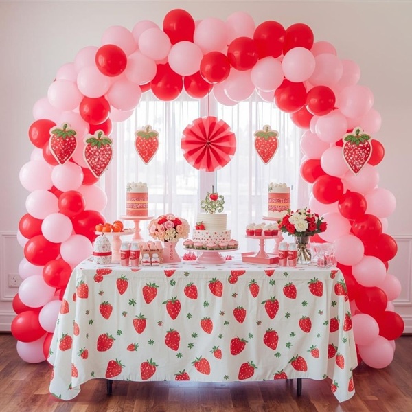 strawberry themed baby shower dessert table