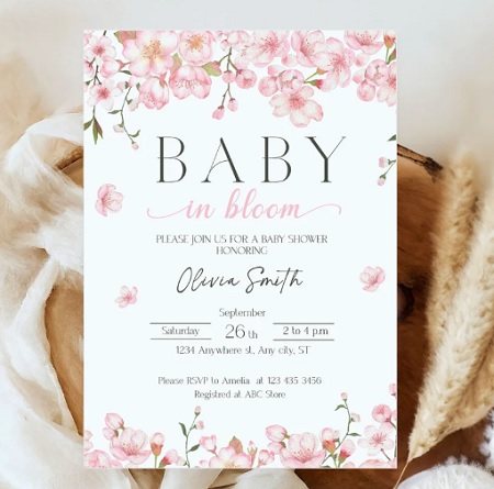 baby in bloom cherry blossom invitation