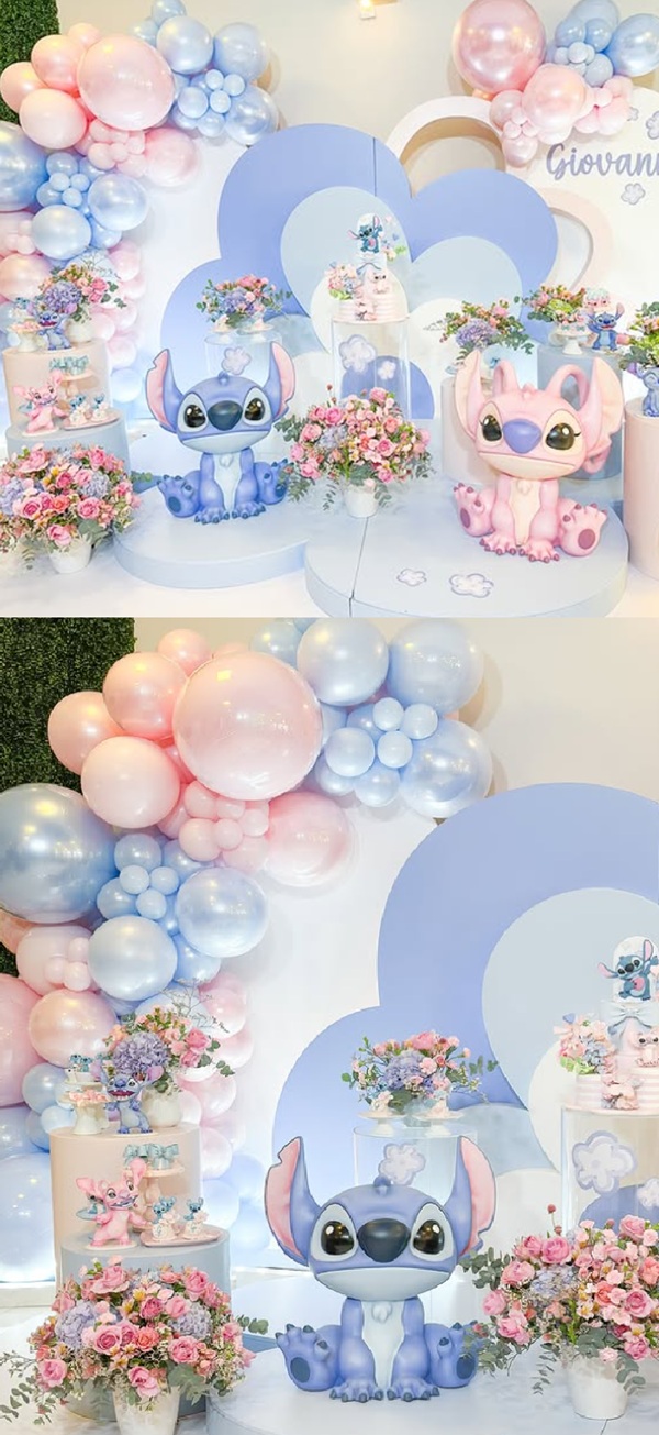 dreamy stitch and angel baby shower setup