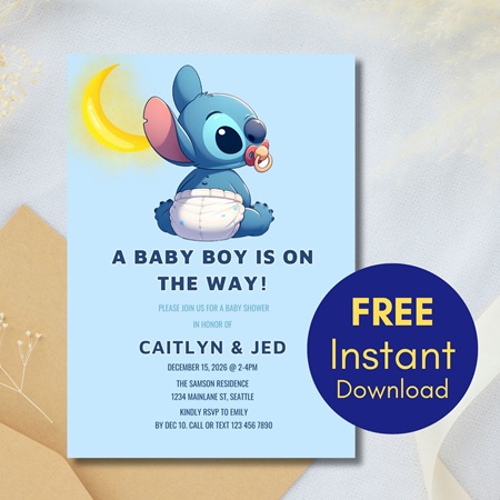 free editable stitch baby invitation on canva